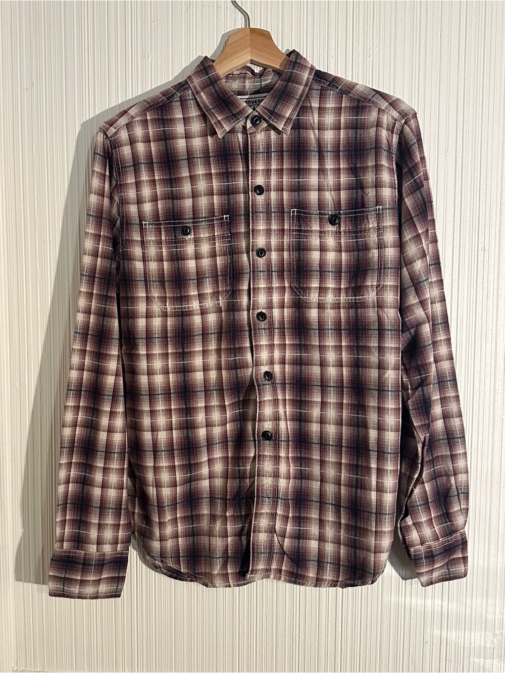 Converse One Star Shirt Mens M Button Up Plaid Retro Grunge Burgundy cream